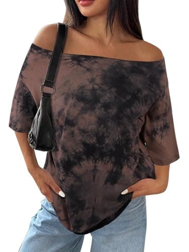 SOFIA'S CHOICE Off Shoulder Tops for Women Summer Tie Dye Shirts Short Sleeve Oversized Tshirts Brown X-Large