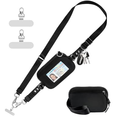 Tiostep Clip and Go Strap for Phone with Wallet Crossbody Phone Lanyard Adjustable and Detachable RFID Wristlet Wallet with ID Window and Zipper, Black