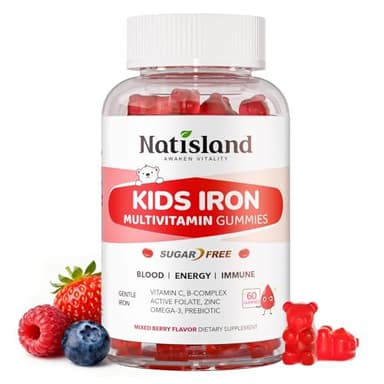 Iron Gummies for Kids & Teens, Kids Multivitamin with Iron Supplement, Vitamin B Complex, A, C, D3, Calcium, Zinc, DHA, Prebiotic, Blood Builder & Energy Support for Iron Deficiency, Vegan, 60 Ct