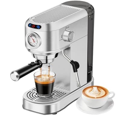 Espresso Machine 20 Bar, Compact Espresso Maker, Stainless Steel Professional Expresso Coffee Machines with Steam Milk Frother & 34oz Removable Water Tank for Home & Office, Latte, Cappuccino, Silver