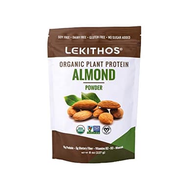 Lekithos Organic Almond Protein Powder - Single Ingredient - High in Vitamin B2 + B3, Magnesium, Potassium, Calcium! 8oz, Plant-Based, Vegan, Non-GMO, 8 Servings, High Fiber, No Added Sugar