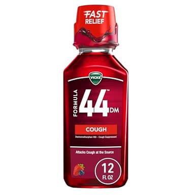 Vicks Formula 44 DM Cough Liquid, Over-The-Counter Medicine, Day or Night, Cough Syrup, Powerful Cough Relief, Lasts Up to 8 Hours, Cough Suppressant, Berry Flavor, 12 FL OZ