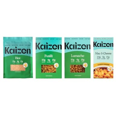 Kaizen Pasta & Rice Variety Pack – Low Carb, High Protein Sampler with Fusilli, Lumache, Rice, Mac & Cheese – Gluten-Free, Keto-Friendly (4-Pack)