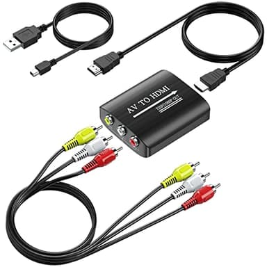 GINGIN RCA to HDMI Converter, AV to HDMI Converter for TV/PC/N64/Wii/PS1/PS2/PS3/STB/Xbox/VHS/VCR/Blue-Ray DVD Players, with 3.3ft RCA and HDMI Cables