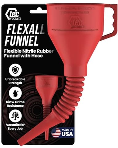 TEC Products FlexAll Long Flexible Funnels - Automotive Oil Funnel with Hose, Durable Nitrile Rubber for Oil Change, Transmission Funnel Fluid, Diesel, Fuel, Gas - Made in USA - Red (16 x 5 Inches)
