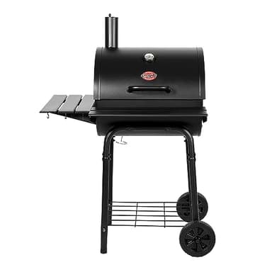 Char-Griller® Wrangler® Charcoal Grill in Black with Metal Shelves, EasyDump™ Ash Pan, Premium Wood Front and Side Shelves with Utensil Hooks, 640 Cooking Square Inches in Black, Model 2823