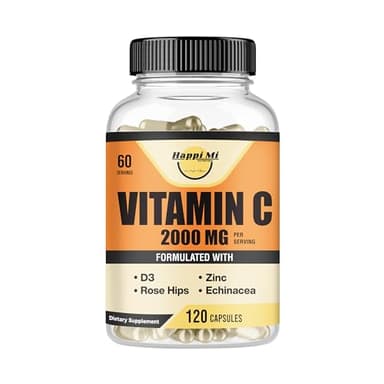 Happi Mi Nutrition Vitamin C 2000mg per Serving with Zinc 40mg & Vitamin D3 5000 IU – Echinacea Extract & Rose Hip – 120 Vegan Capsules, 60 Day Supply, Non-GMO, No Fillers