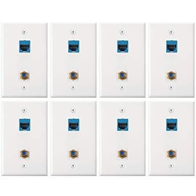 Weewooday Cat 6 Ethernet Wall Plates, Cat 6 Coax Wall Plate with Ethernet Port and Gold-plated TV Coax F-type Port(Blue,8 Pieces)