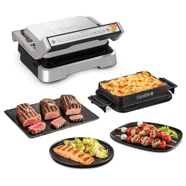 T-fal, Electric Grill, OptiGrill 4in1, Stainless Steel, 9 Automatic Cooking Modes, Intelligent Grilling Rare to Well-Done, 1800 Watts, Nonstick Removable Plates, Dishwasher Safe, Indoor, Silver