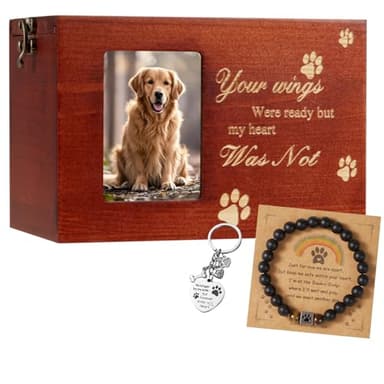 QMoveltyF Pet Urns for Dog or Cat Ashes Sets Pet Cremation Urns Medium Wooden Keepsake Memory Box with Photo Frame with Black Flannel Lining Rainbow Bridge Keepsake Loss Pet Memorial Remembrance Gift