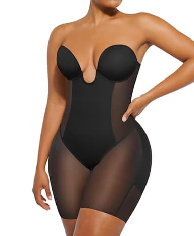 SHAPELLX Womens Strapless Shapewear Tummy Control Shorts Bodysuit U Plunge Corset Backless Body Shaper with Push Up Bra M