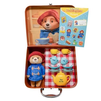 Rainbow Designs Paddington's Toy Tea Set - 9-Piece Children's Tea Set with Teapot, Cups, Saucers & Sugar Pot - Features Cuddling Soft Toy, Reusable Suitcase & Sticker Sheet, PA2061