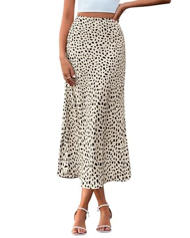 BTFBM Satin Skirts for Women Trendy Spring Summer 2026 High Waisted Leopard Print Cocktail Wedding Long Silk Midi Skirt(Dot Apricot Black, Large)