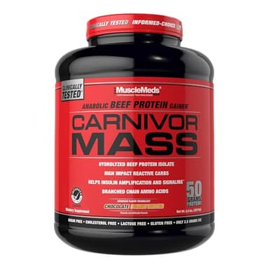 MuscleMeds CARNIVOR Mass Gainer Beef Protein Isolate Shake, 50 Grams Protein, 125 Grams Carbs, 0 Fat, 0 Sugar, Lactose Free, Halal Certified, Chocolate Peanut Butter, 6 Pound