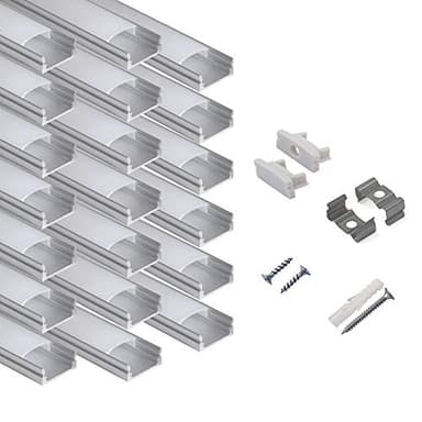 hunhun 20-Pack 6.6ft/ 2Meter U Shape LED Aluminum Channel System with Milky Cover, End Caps and Mounting Clips, Aluminum Profile for LED Strip Light Installations, Very Easy Installation