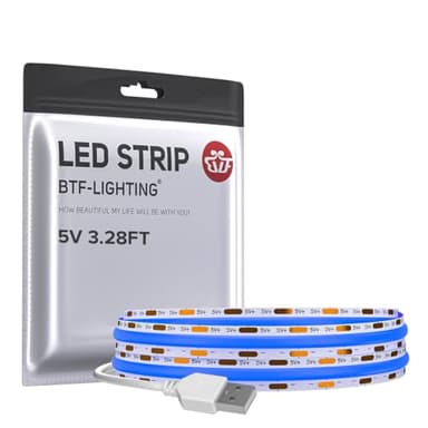 BTF-LIGHTING FCOB USB Powered Blue Color COB LED Strip Lights 3.28FT 320LEDs 5V 8mm Width 90+ High CRI Ultra Bright Flexible Light for 3D Printer TV Backlight Display Cabinet PC DIY Decor