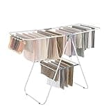 SONGMICS Clothes Drying Rack, with Sock Clips, Metal Laundry Rack, Foldable, Space-Saving, Free-Standing Airer, with 2 Height-Adjustable Gullwings, Indoor Outdoor Use, White and Gray ULLR052W02