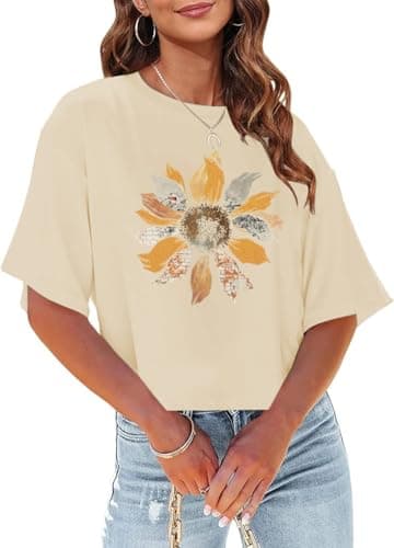 Womens Crop Top T Shirt Wildflower Graphic Tees Short Sleeve Summer Casual Loose Beach Adventure Tops(QP/Beige,S)