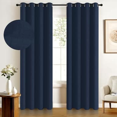 100% Blackout Shield Linen Blackout Curtains for Bedroom, Midnight Blue Grommet Curtains for Living Room, Thermal Insulated Room Darkening Drapes for Nursery, Boho Home Decor, 50"W x 108"L, 2 Panels