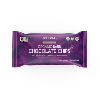 Just Date Organic Date Sweetened Dark Chocolate Chips / 65% Cacao / Vegan / No Sugar Added / Only 3 Ingredients / Low Glycemic Index / 8 Oz