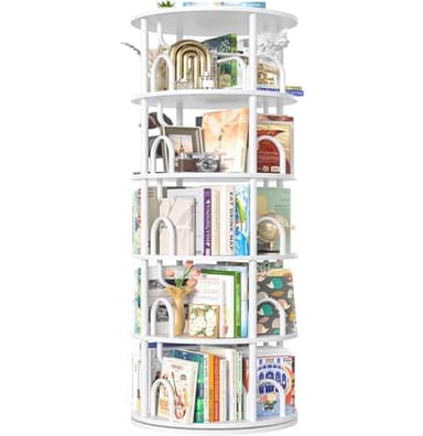 Aheaplus 5 Tier Rotating Bookshelf Tower, 360 Display Spinning Bookcase, Revolving Round Book Shelf Narrow Swivel Bookshelf, Vertical Turning Spiral Corner Book Organizer for Small Space, White