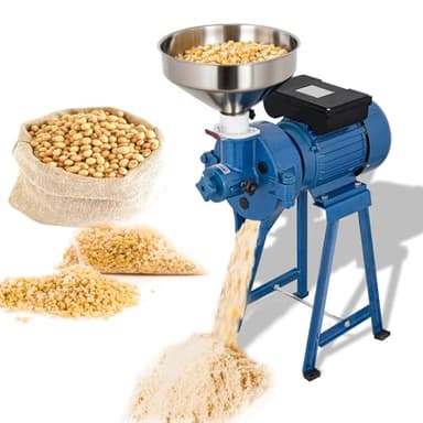 Dry & Wet Electric Grain Mill for Grinding Corn, Rice, Cereal, Wheat, Chilli into Fine Powder, Commercial Grade 110V Flour or Feed Mill with Adjustable Grind & Included Funnel (Dry Wet Grinders)
