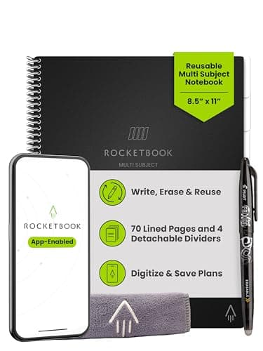 Rocketbook Multi-Subject Reusable Smart Notebook, Notebook For School and Work, 70 Lined Pages Multi-Subject, 4 Adjustable Dividers, Letter Size 8.5x11, Black
