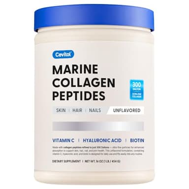 Cevitol Marine Collagen Peptides - Hydrolyzed Ultra-fine Collagen Powder for Women & Men, Hyaluronic Acid, Biotin, Vitamin C, for Skin, Hair, Nails, Joints, Non-GMO, Unflavored, Easily Dissolved, 16oz