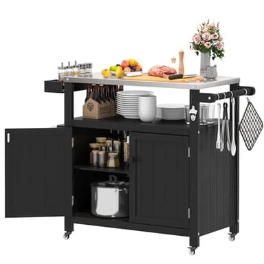 Sunnibety Weatherproof HIPS Outdoor Kitchen Island with Stainless Steel Top & Storage Cabinet, Movable Prep Table with Wheels for BBQ Food Prep, Outdoor Grill Cart for Parties, Black