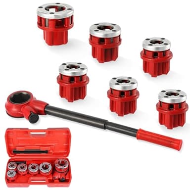 Pipe Threader Ratchet Kit， Manual Ratcheting Pipe Threading Tool Set with 6 NPT Dies (1/4" 3/8" 1/2" 3/4" 1" 1-1/4"),Portable Pipe Threading Tool Set for Galvanized Aluminum Iron Copper Pipes