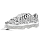 LUCKY STEP Women's Platform Glitter Sneakers | Sparkly Bling Shiny Dressy Bedazzled Wedding Bridal Fashion Walking Shoes (Silver,9 B(M) US)