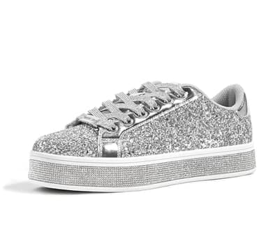 LUCKY STEP Women's Platform Glitter Sneakers | Sparkly Bling Shiny Dressy Bedazzled Wedding Bridal Fashion Walking Shoes (Silver,8 B(M) US)