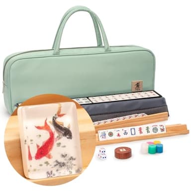 Yellow Mountain Imports American Mahjong Set, Celadon Koi with Mint Green Fabric Case - Four Wooden All-in-One Racks with Pushers, Wright Patterson Scoring Coins, Dice, and Wind Indicator