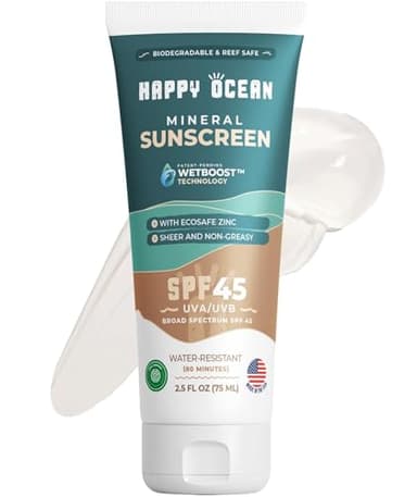 Happy Ocean Reef Safe Sunscreen SPF 45 – Biodegradable Mineral Zinc Oxide Lotion, Water Resistant, Travel Size 2.5 oz, Face & Body