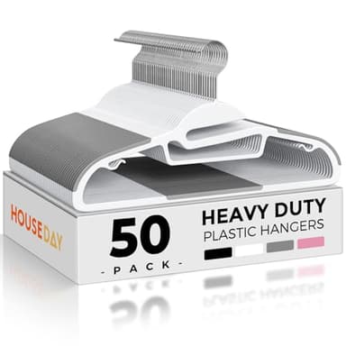 HOUSE DAY White Plastic Hangers 50 Pack, Slim Space Saving, Non Slip Hangers with Rubber Pads, Heavy Duty Coat Hanger for Closet, Prevent Stretching S-Shaped Clothes Hanger for Shirt, Suit, Pants