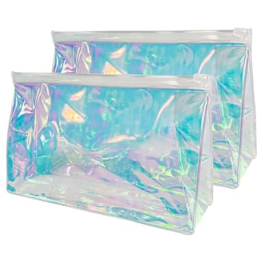 TotePrint 2 PCS Holographic Clear Makeup Pouch 10x6x3 Iridescent Cosmetic Bag Portable Waterproof PVC Makeup Pouch Gift Bag Zippered Toiletry Bag