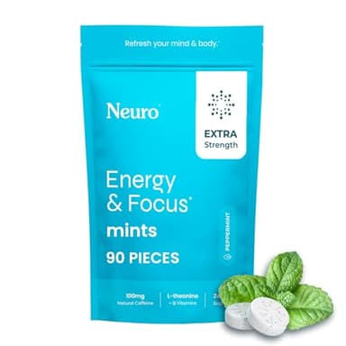 Neuro Energy & Focus Mints, Extra Strength - Sugar Free Breath Mints with 100mg Natural Caffeine, B Vitamins & L-Theanine - Vegan Brain Supplement for Exercise, Study & Daily Focus - Peppermint, 90 ct