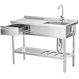 Stainless Steel Utility Sink, Free Standing Single Bowl Commercial Kitchen Sink w/Workbench & Storage Shelf, w/Hot & Cold Water Pipes & Faucet for Laundry Room, Farmhouse, Indoor/Outdoor(47 inch)