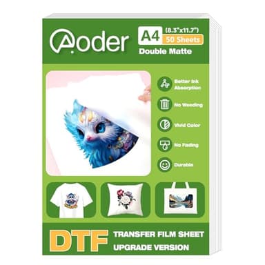 Aoder DTF Transfer Film A4 - (8.3" x 11.7") 50 Sheets, Double Side Matte DTF Film, Clear PreTreat PET Transfer Paper for T-Shirts Textile for Epson Inkjet Printer (Upgrade Version)