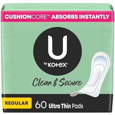 U by Kotex Ultra Thin Pads, Clean & Secure, Regular Absorbency, 60 Count (Packaging May Vary)