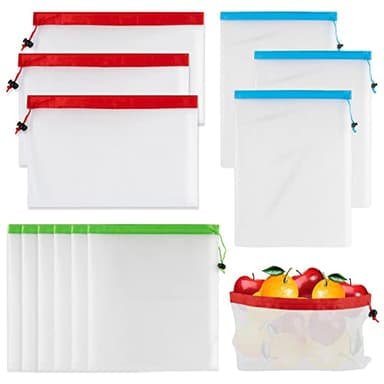 MAQIHAN 12PCS Reusable Produce Bags - Mesh Produce Bags Drawstring Reusable Washable Vegetable Storage Bags Refrigerator Keep Fresh Grocery Food Fruits Veggie Green Net Bag Toy Storage Zero Waste Shop