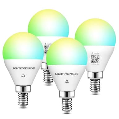 Lightinginside E12 Matter Smart Light Bulbs Compatible with Alexa/Siri/Apple Home/Google Home/SmartThings, G16.5 RGBCW Candelabra Ceiling Fan Bulb, 50W Equivalent 5W 550LM, 2.4G WiFi, ETL Listed, 4PCS