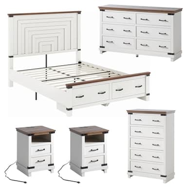 AMERLIFE 5 Pieces Farmhouse Bedroom Set, Includes Wood Rustic Queen Bed Frame with 54" Tall Headboard, 6 Drawer Dresser Chest, 5 Drawer Tall Dresser, Nightstands Set of 2 with Charging Station, White