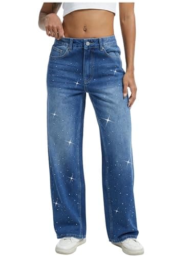 Wanduyini Womens Rhinestone Straight Wide Leg Jeans Vintage Wash Sparkling Baggy Denim Pants for Party Music Festival (Mid Blue,XXL)