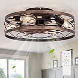 SHLUCE Caged Flush Mount Ceiling Fan with Lights, Farmhouse Rustic Bladeless Ceiling Fans with Lights and Remote, Low Profile Small Fandelier Ceiling Fan with Light for Bedroom, Kitchen, Black
