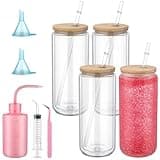 Skylety 4 Pack Snow Globe Glass Cups 16 oz Pre Drilled Double Wall Clear Tumbler Kit with Bamboo Lids & Straw Squeeze Bottle Small Funnel Tweezers Bent Syringe for DIY Glitter Snow Globe Craft Gift