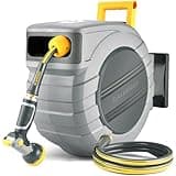 GLAHODEN Retractable Garden Hose Reel 5/8 in x 100 ft Upgraded UV Resistant Heavy Duty Automatic Hose Reel Wall Mount 3/4 in Brass Fitting 9 Pattern Nozzle Any Length Lock Slow Retraction 180° Swivel