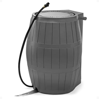 FCMP Outdoor Raincatcher 4000 Rain Barrel, Flat-Back Rainwater Catcher with Spigots, 50 Gallon, Grey - Portable Water Storage Container Tank for Home, Garden, and Backyard