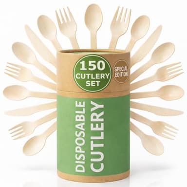 (150 Pcs) Special Edition Compostable Cutlery Set - Disposable Wooden Cutlery Set - Alternative to Plastic, Eco Friendly, Biodegradable, 50 Each Wooden Spoons, Knives, Forks Disposable Utensils Set