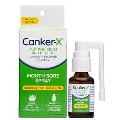 Canker-X Mouth Sore Spray, Oral Pain Relief from Canker Sores, Burns & More, No Burning & Numbing, Benzocaine-Free & Alcohol-Free Mouth Ulcer Treatment, Targeted Spray Nozzle, 0.51 Fl. Oz.